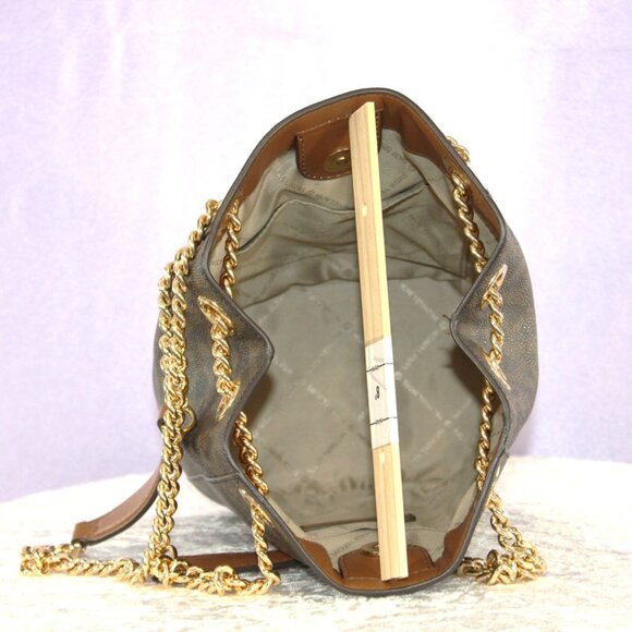 Michael Kors MK Signature Bucket Tote Brown Gold Chain Shoulder Bag NEW - Picture 6 of 9